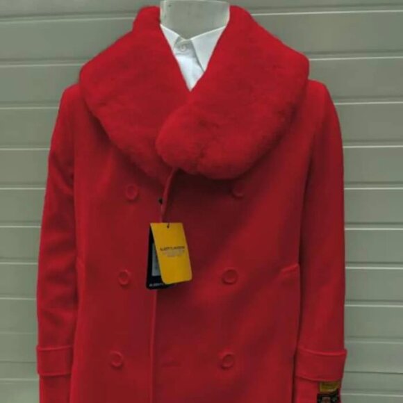 Mens Pea coats With Fur Collar - Wool Hot Red Peacoats
